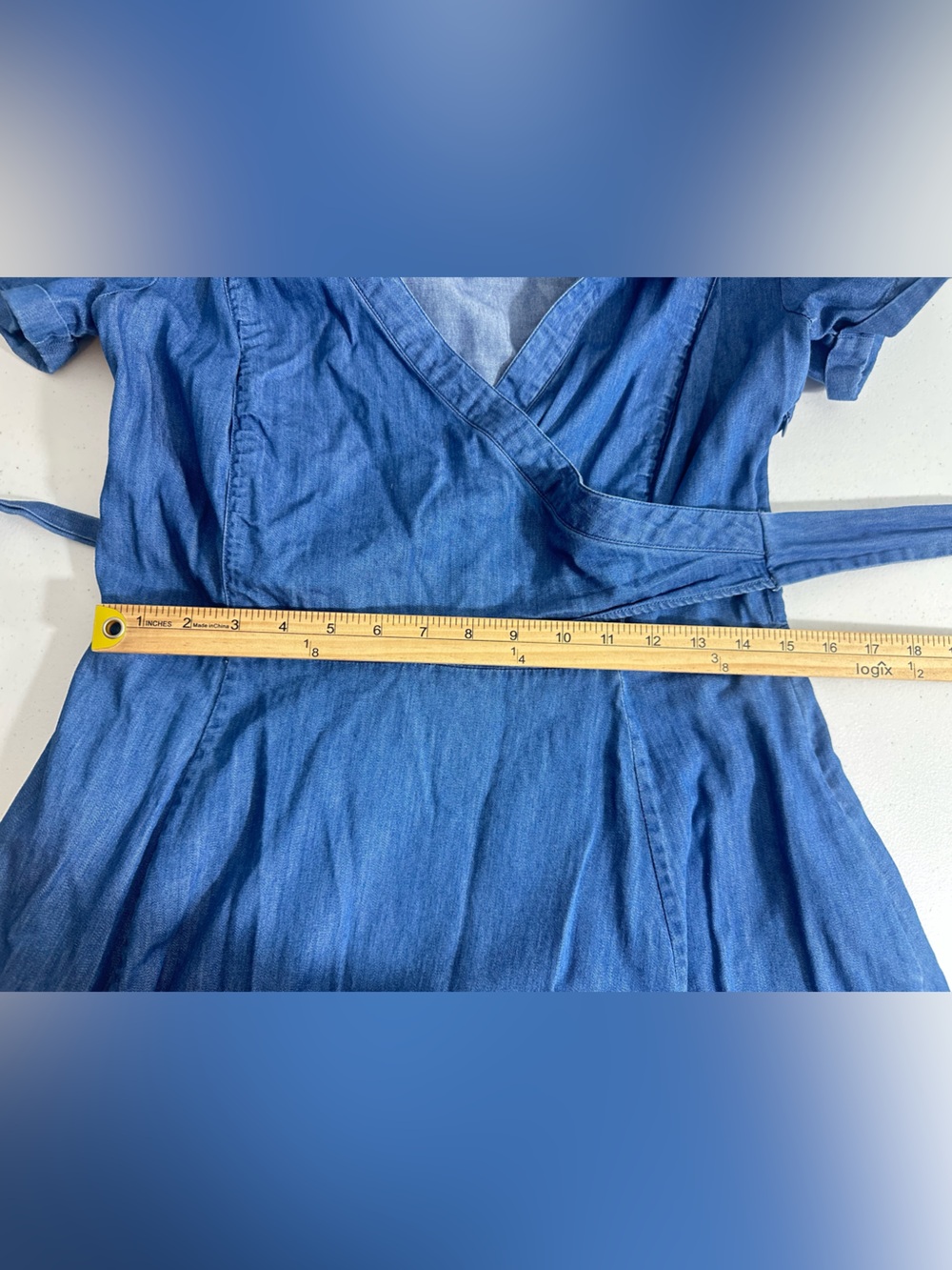 Boden Sz 8R Denim Fit & Flare Faux Wrap Cotton Dress Women’s Blue Short Sleeve - Picture 14 of 15